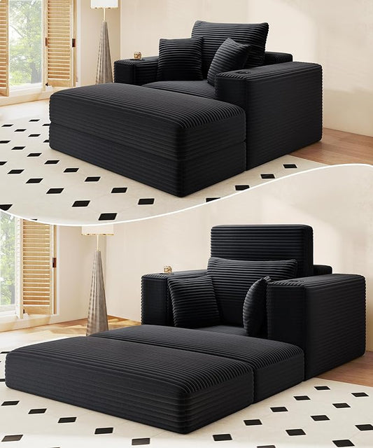 62" Oversized Chaise Lounge Chair Indoor, Fluffy Corduroy Upholstered Boneless Couch, Convertible Sleeper Sofa Bed & Reading Chair, Cloud Sofa Couches for Living Room, No Assembly, Black