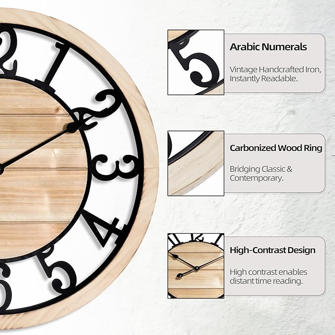 LEIKE 24 Inch Large Wall Clock - Rustic Wooden Silent Non-Ticking Wall Clock with Black Metal Frame, Vintage Farmhouse Decorative for Living Room, Bedroom, Kitchen - Arabic Numerals, Modern Design