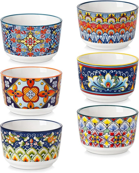 vancasso 4 Oz Ramekins Oven Safe Set of 6, Bohemian Creme Brulee Ramekins, Colorful Souffle Dishes, Pudding Custard Cups for Baking, Small Ceramic Bowls for Dipping Sauce, Ice Cream