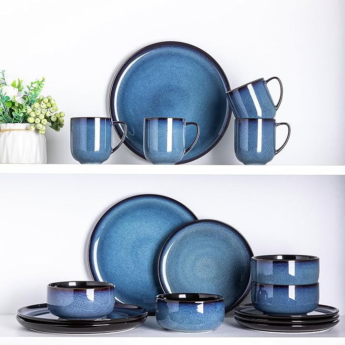 LERATIO Ceramic Dinnerware Sets for 4,16-PieceReactive Glaze Plates and Bowls Set with Mugs,Highly Chip and Crack Resistant | Dishwasher,Microwave & Oven Safe Dishes set-Blue