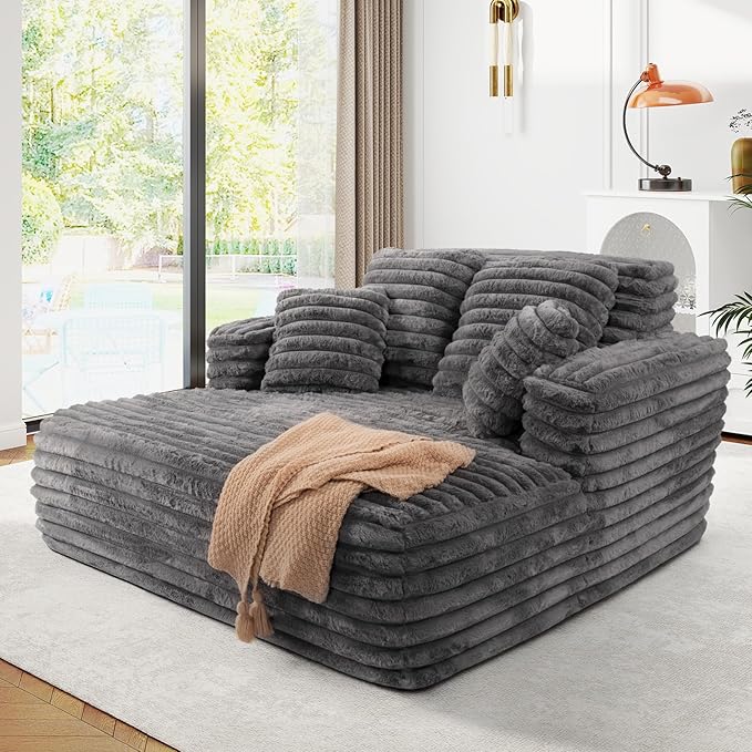 56"W Oversized Chaise Lounge Chair Indoor,Plush Faux Fur Sleeper Sofa Couch Bed with Pillows&Wide Armrest,Fluffy Comfy Cloud Sofa,Compression Foam Boneless Couch for Living Room,Bedroom(Grey)