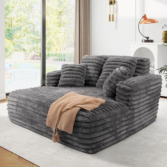 56"W Oversized Chaise Lounge Chair Indoor,Plush Faux Fur Sleeper Sofa Couch Bed with Pillows&Wide Armrest,Fluffy Comfy Cloud Sofa,Compression Foam Boneless Couch for Living Room,Bedroom(Grey)