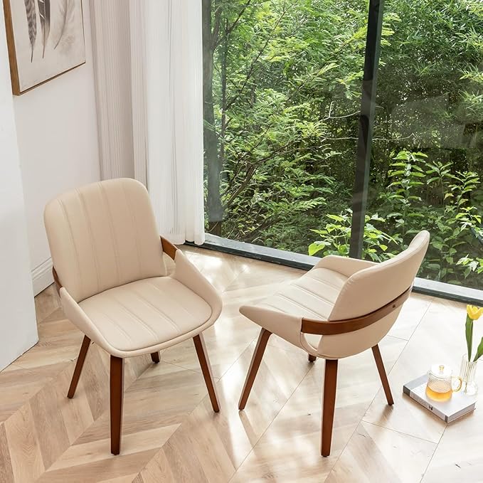 Mid Century Modern Faux Leather Upholstered Dining Chairs,Armless Accent Chairs with Sturdy Natural Wood Legs,Bamboo Backrest Support for Kitchen&Dining Room Chairs(1PCS,Beige)