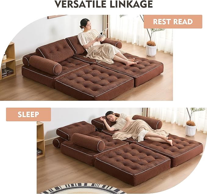 Plus Futon Sofa Bed for Small Spaces, Floor Couch with Armrest, Folding Sofa Couch, Convertible Sleeper Chair Bed with Pillow, Portable Comfy Floor Lounge for Living Room and Bedroom, Brown