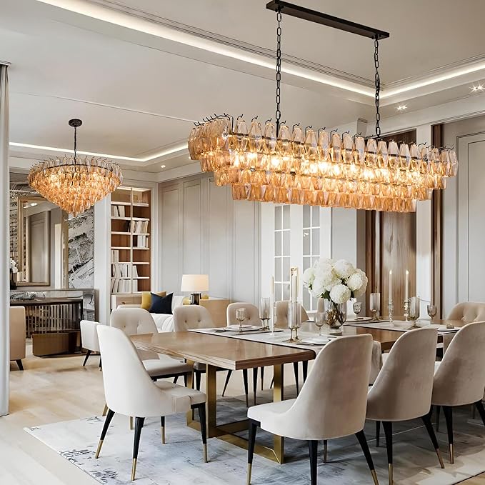 54" Black Rectangular Chandeliers for Dining Room, 12-Light 4 Tiered Large Smoke Glass Chandelier, Modern Kitchen Island Farmhouse Hanging Light Fixture for Living Room Foyer