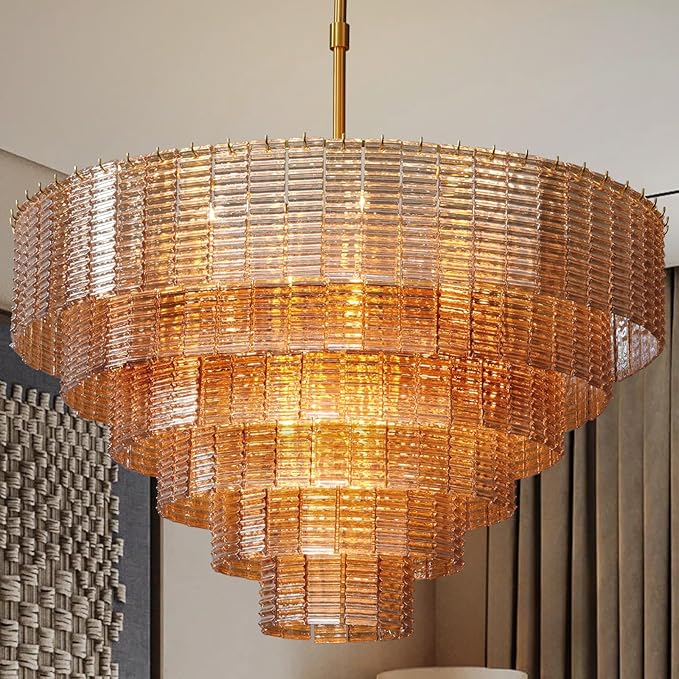 Large Chandelier, 41" Gold Chandelier for Dining Room, 18-Light Round Drum Kitchen Island Hanging Light Fixture，Amber Glass Linear Chandeliers Perfect for Living Room, Bedroom,Kitchen, Foyer