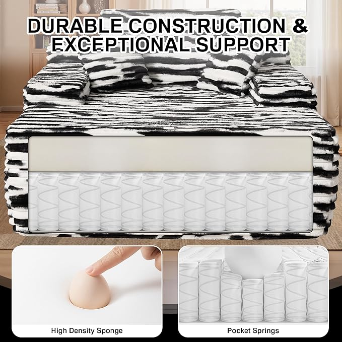 Chaise Lounge Chair Indoor, 67" Oversized Comfy Faux Fur Sleeper Sofa Bed, Boneless Upholstered Recliner Bed with Pillows and Wide Armrests, Modern Cloud Couch for Living Room, Zebra Stripe