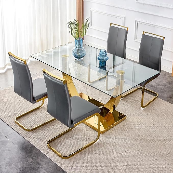 63” Glass Dining Table Set for 4,Gold Dining Room Table Set for 4,Modern Kitchen Table and PU Leather Chairs for 4, Dinner Table with Rectangle Tempered Glass Top and Golden Base