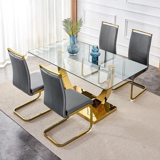 63” Glass Dining Table Set for 4,Gold Dining Room Table Set for 4,Modern Kitchen Table and PU Leather Chairs for 4, Dinner Table with Rectangle Tempered Glass Top and Golden Base