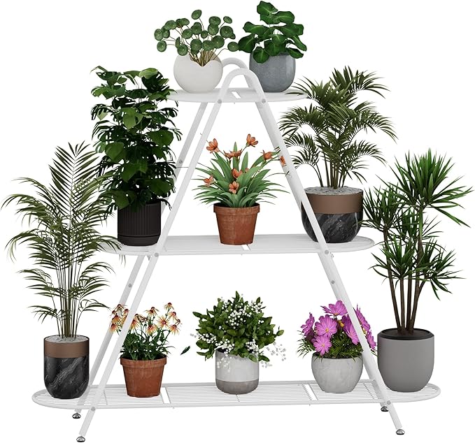 3-Tier Plant Stand, Heavy Duty Metal Planter Rack - White Indoor/Outdoor Shelves with Large Tier’s Shelf - Display Multiple Flower Pots, Iron Plant Organizer for Living Room, Patio & Garden