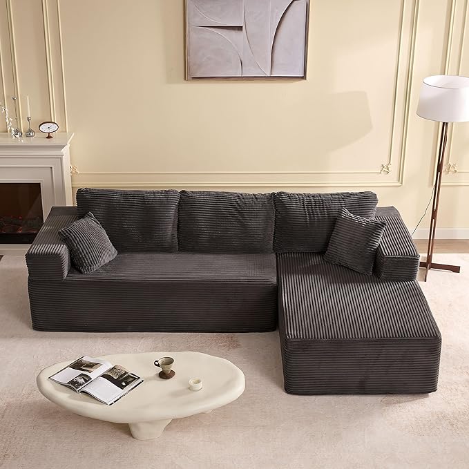 107" Boneless Couch with Deep Seat, Modular Sectional Sofa, Cloud Sectional Couch for Living Room, No Assembly Required, Corduroy, L-Shape Right，Grey