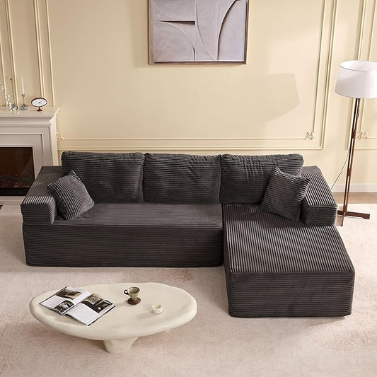 107" Boneless Couch with Deep Seat, Modular Sectional Sofa, Cloud Sectional Couch for Living Room, No Assembly Required, Corduroy, L-Shape Right，Grey