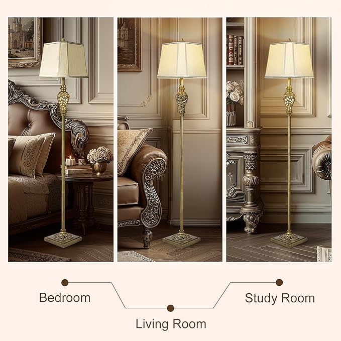 Vintage Floor Lamp for Living Room, 65" Tall Lamp with Nightlight and Beige Faux Silk Shade, Farmhouse Standing Lamp for Bedroom, Office Corner, or Study, Elegant Rustic Home Decor (LED Bulb Included)