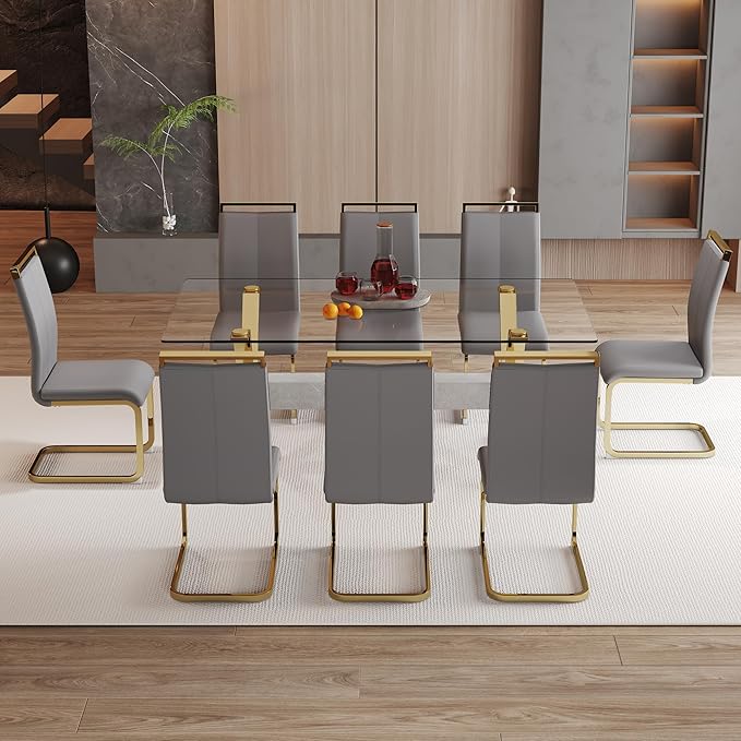 9 Piece Glass Dining Table Set, Kitchen Table Chairs Set for 8, 71'' Dining Table with 0.4" Tempered Glass Tabletop with Plated Metal Legs and MDF Crossbar, 8 PU Chairs for Dining Room, Kitchen.