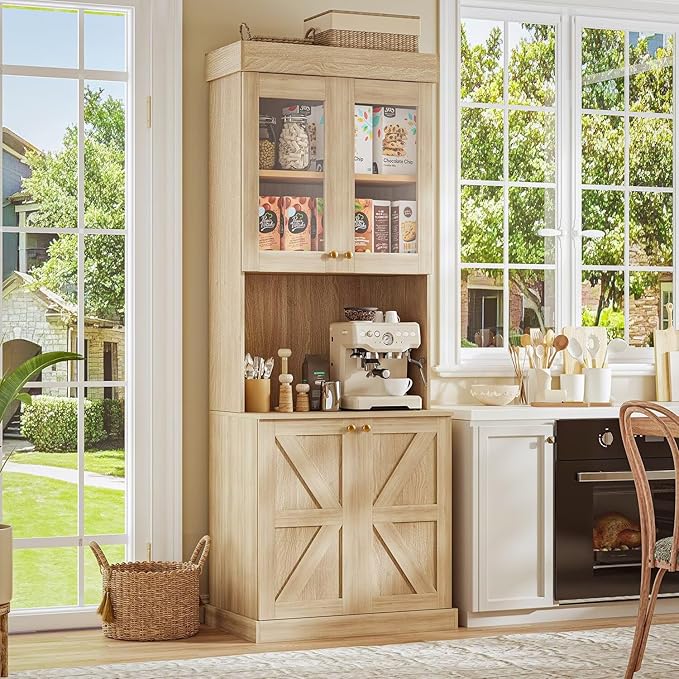 71" Farmhouse Kitchen Pantry Cabinet Set of 4, Brown Freestanding Coffee Bar with Glass Doors, Microwave Stand, Large Storage Hutch with Adjustable Shelves for Kitchen or Living Room
