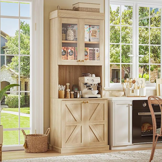 71" Farmhouse Kitchen Pantry Cabinet, Brown Freestanding Coffee Bar with Glass Doors, Microwave Stand, Large Storage Hutch with Adjustable Shelves for Kitchen or Living Room