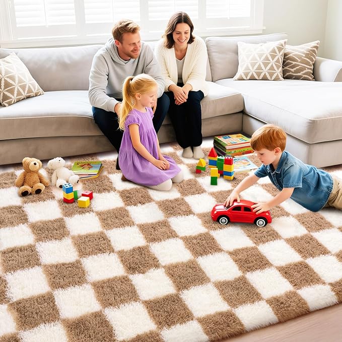 Checkered Rug for Living Room 6x9, Ultra Fluffy Fuzzy Shag Large Area Rug for Bedroom, Modern Plush Soft Upgrade Non-Slip Carpet for Kids Girls and Boys Room Dorm Home Decor, Cream and Camel