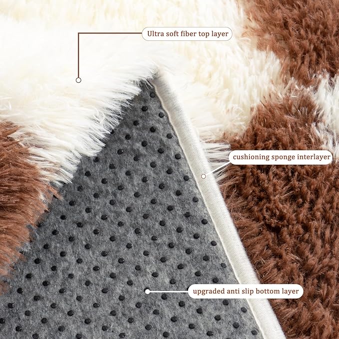 Checkered Rug for Living Room 6x9, Ultra Fluffy Fuzzy Shag Large Area Rug for Bedroom, Modern Plush Soft Upgrade Non-Slip Carpet for Kids Girls and Boys Room Dorm Home Decor, Cream and Coffee