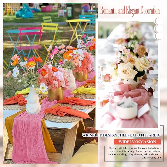 8 Pack 10ft Dusty Rose Cheese Cloth Table Runner 35x120 Inches Boho Gauze Rustic Wedding Cheesecloth Table Runners, Long Romantic Sheer Table Runner for Wedding Bridal Baby Shower Party Decor