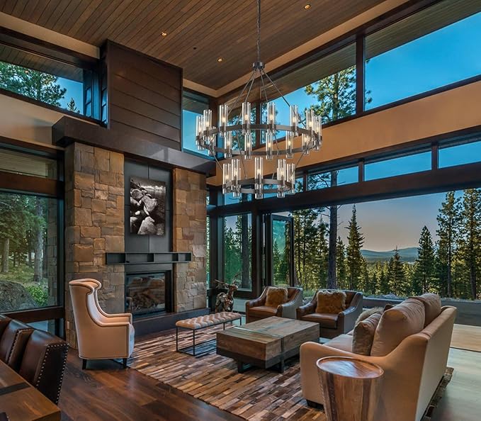 48" Black Chandelier, 2 Tier Wagon Wheel Chandelier with Glass Shade, 24-Lights Large Round Modern Farmhouse High Ceilings Pendant Lighting Fixture for Dining Room, Living Room, Kitchen, Foyer