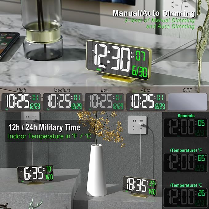 KOSUMOSU Desk Clock for Bedroom Accessories 6.7in Gold Digital Alarm Clock with Dimming,12/24h, Date, Day of Week, Temp, LED Clock, Modern Digital Calendar Clocks for Living Room Essentials