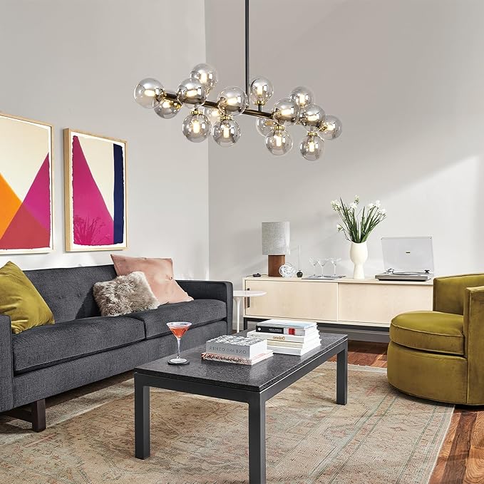 Mid Century Modern Chandelier, 39in 16-Lights Bubble Chandelier Glass Globe Pendant Light Linear Sputnik Chandeliers Light Fixtures for Dining Room, Kitchen Island