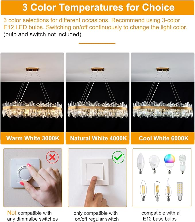 Rectangle Crystal Chandeliers, L43.4 inch 20-Light Brass Gold Chandelier Lighting Fixture, Height Adjustable Oval Pendant Ceiling Light for Dining Room Over Table Kitchen Island