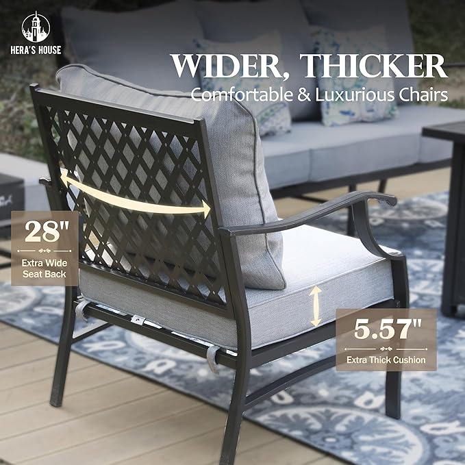 HERA'S HOUSE 4 Piece Patio Furniture Set, 2 x Metal Frame Cushioned Chair, 3-Seat Sofa with Marbling Coffee Table, All Weahter Outdoor Conversation Set for Lawn Garden Backyard, Grey