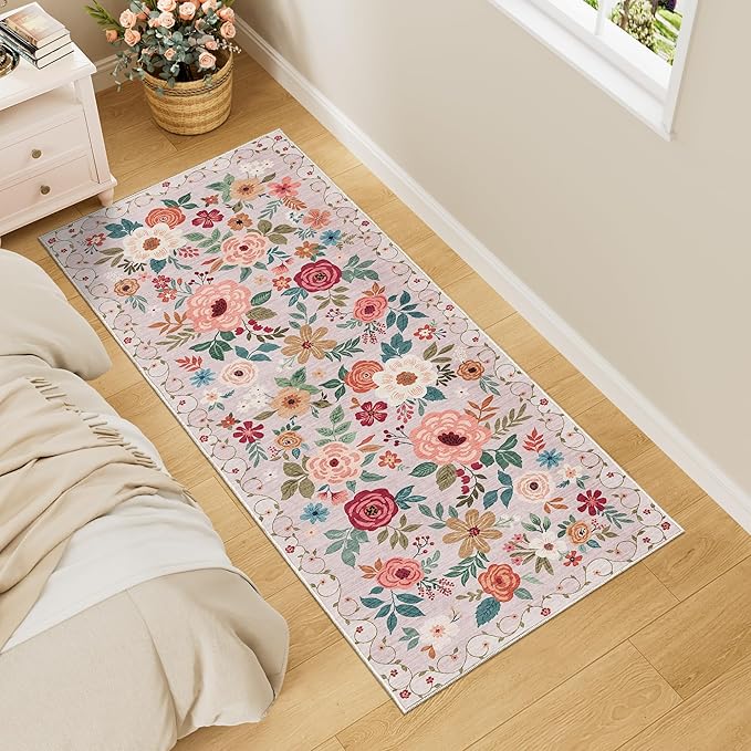 DUKINO 2x5 Runner Rug for Hallway, Washable Kitchen Floral Runner Rug with Non Slip Backing, Low Pile Soft Boho Carpet for Kitchen, Hallway, Entryway, Laundry, Bedroom, Beige