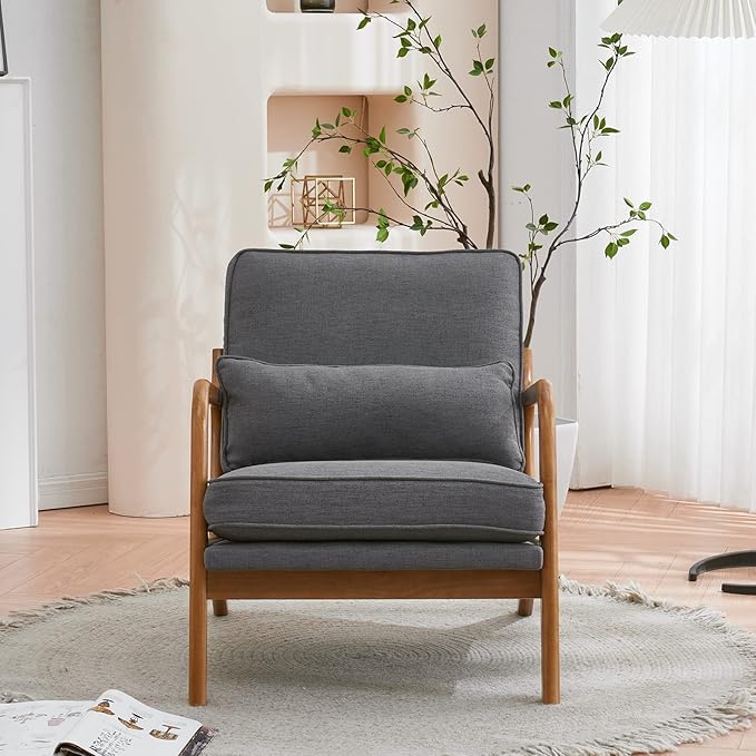 Karl home Accent Chair Mid-Century Modern Chair with Pillow Linen Fabric Upholstered Lounge Arm Chair with Solid Wood Frame & Soft Cushion for Living Room, Bedroom, Balcony, Gray
