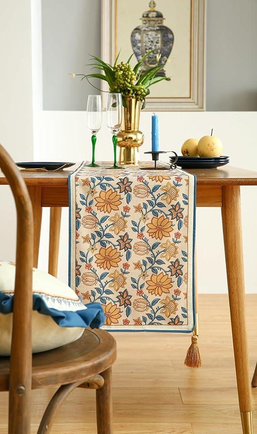 Designer Bohemian Elegant Linen Table Runner 87 Inches Long,Floral Pattern Duable Decor Table Runners for Dining Tables,Thanksgiving,Kitchen Tables,Christmas,12"*87"-Estevan B