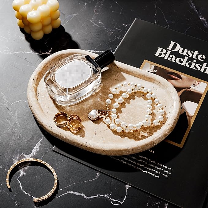 Natural Travertine Tray, Special-Shaped Jewelry Tray, Marble Ring Dish for BathroomCountertop, Nightstand,Dressing Table, Bedside Table, Home Decor, Beige(Middle)(NS025)