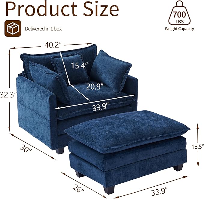 SweetGO corporation 40" Chenille Lounge Chair for Reading, Modern Couch Cozy Sofa Bed, Upholstered Living Room Single Sofa Accent Chair with Ottoman, Blue