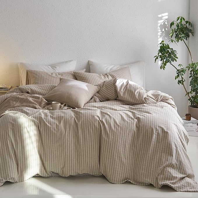 MooMee Striped Duvet Cover Set 100% Washed Cotton Linen Like Textured Breathable Durable Soft Comfy (Tannish Linen Grey White Wide Stripes, Super Queen 90"x98")