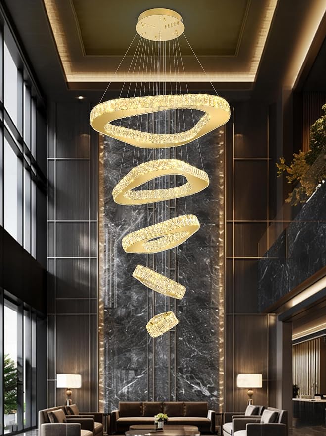 Large Modern Chandeliers 5 Ring Chandelier for High Ceiling Dimmable Gold Chandeliers High Ceiling Foyer Chandelier for Living Room Dining Room Staircase