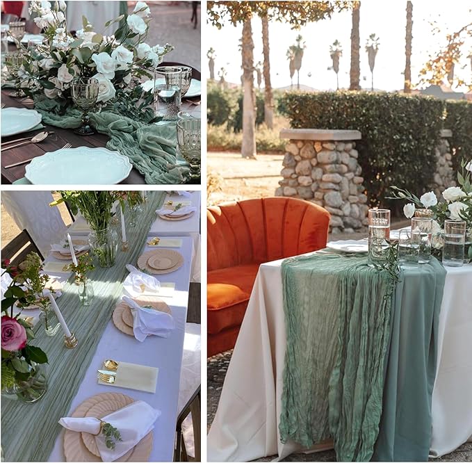 10FT Sage Green Cheesecloth Table Runner 35 x120 Inches Long Gauze Boho Cheese Cloth Runners, Romantic Rustic Sheer Sage Green Table Runner for Wedding Bridal Baby Shower Christmas Table Decor