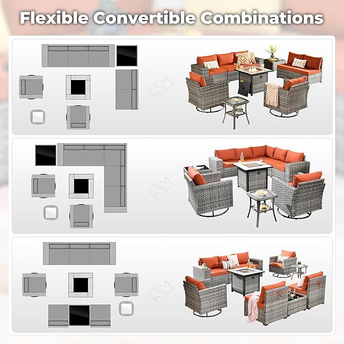 ovios 10 Pieces Patio Furniture Set, Outdoor Wicker Sectional Sofa with 30" Fire Pit Table Swivel Chairs, Modern Modular Deep Seat Rattan Couch Conversation Sets, Orange Red