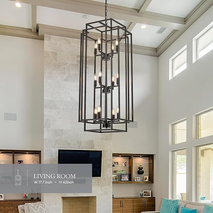 12-Light Lantern Tiered Pendant Light Fixtures, Black Metal Farmhouse Chandelier Hall Foyer Hanging Chandelier for Kitchen Island Dining Room Living Room Foyer Entryway, Black