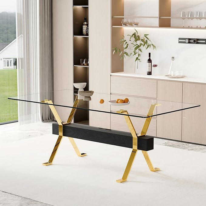 79" Glass Dining Table, Modern Kitchen Table, Modern Dining Table Set for 6, 0.5" Thick Tempered Glass Tabletop with Gold Chrome Metal Legs and Black Crossbar, Ideal for Dining Room, Kitchen