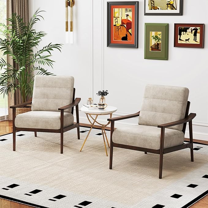Giantex Mid Century Modern Accent Chair Set of 2, Max Load 440 LBS Upholstered Living Room Chair w/Rubber Wood Armrests & Legs, Removable Back Cushion, Comfy Reading Arm Chair for Bedroom