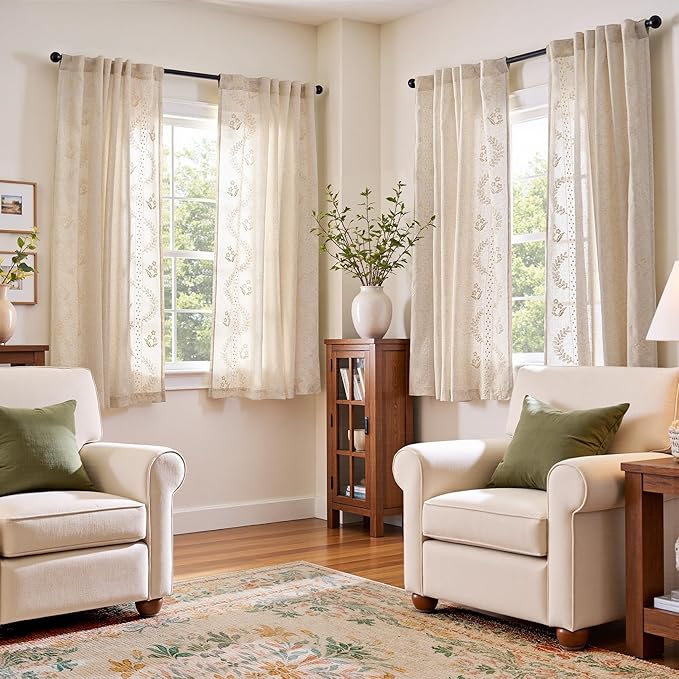 jinchan Belrose Linen Curtains for Bedroom Floral Curtains 63 Inch Length Linen Blend Ivory Embroidered Drapes Farmhouse Flower Patterned Drapes for Living Room Window Treatments Sets 4 Panels