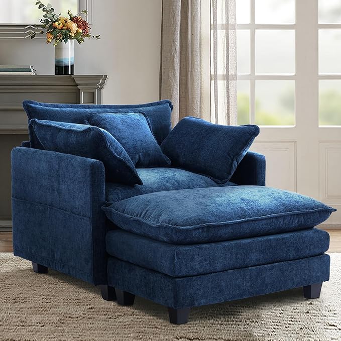 SweetGO corporation 40" Chenille Lounge Chair for Reading, Modern Couch Cozy Sofa Bed, Upholstered Living Room Single Sofa Accent Chair with Ottoman, Blue