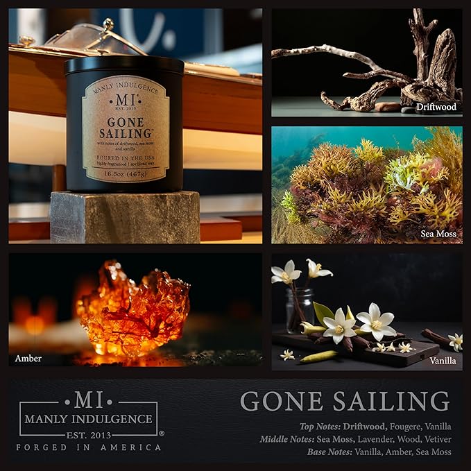 Manly Indulgence Gone Sailing Scented Candles for Men, 2 Wick, 16.5 oz, Premium Soy Blend Wax, 60H Burn, Candles for Home Scented - Made in The USA