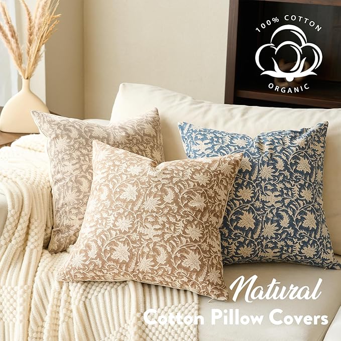 Floral Throw Pillow Covers 20x20 Farmhouse Block Print Pillow Covers Decorative Pillow Covers Couch Pillows for Living Room Vintage Accent Sofa Pillows Set of 2, Vintage Blue
