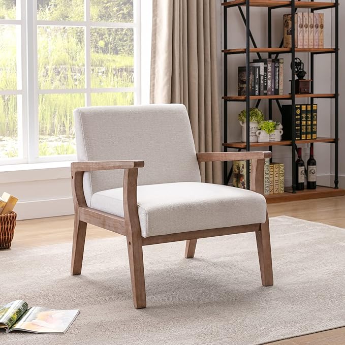 Wahson Comfy Living Room Chairs, Linen Upholstered Accent Chairs, Farmhouse Armchairs with Natural Wood Frame, Oversized Decorative Chair for Bedroom, Beige