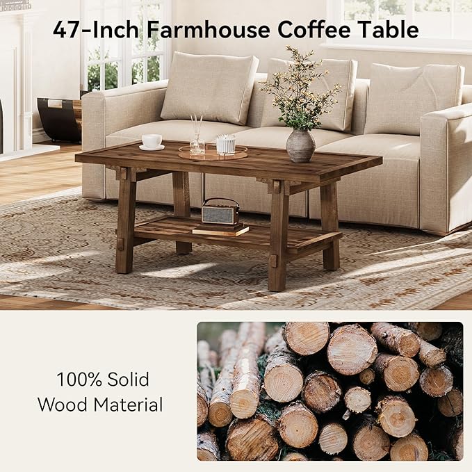 Solid Wood Coffee Table, 47-Inch Farmhouse Rectangle Coffee Table for Living Room, 2-Tier Rustic Wooden Center Furniture with Storage, Vintage Brown