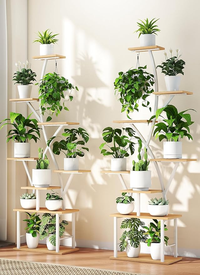 Plant Stand Indoor with Grow Lights - 64" Tall Plant Shelf Lighted Corner Plant Stands for Indoor Growing Multiple Metal 8 Tiered Large S-Shape Flower Holder Plant Rack for Home Decor Patio White