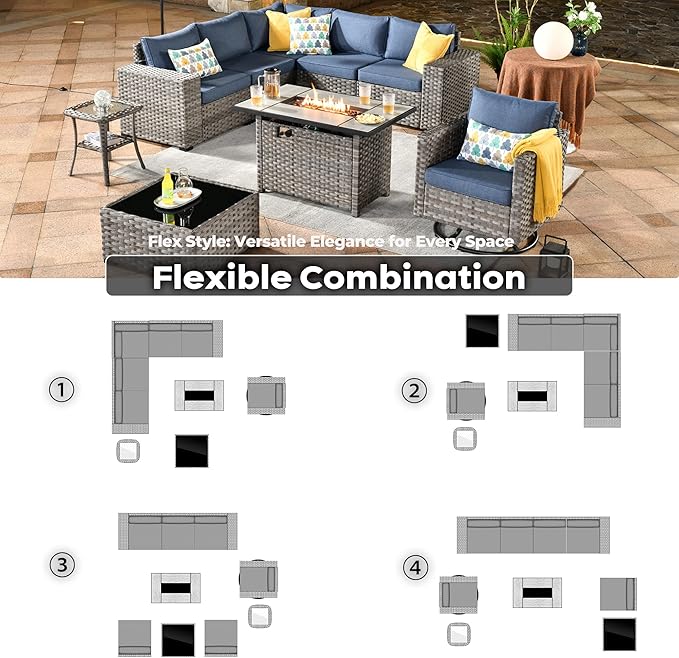 ovios 9 Pieces Patio Furniture Set, Outdoor Wicker Sectional Sofa with 42" Fire Pit Table Swivel Chair, Modern Modular Deep Seat Rattan Couch Conversation Sets, Denim Blue