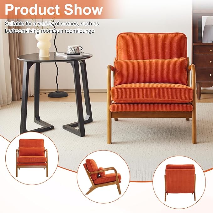 Karl home Mid-Century Modern Accent Chair, Living Room Chairs with Pillow Corduroy Upholstered Lounge Armchair with Solid Wood Frame & Soft Cushion for Bedroom, Reading Room, Orange
