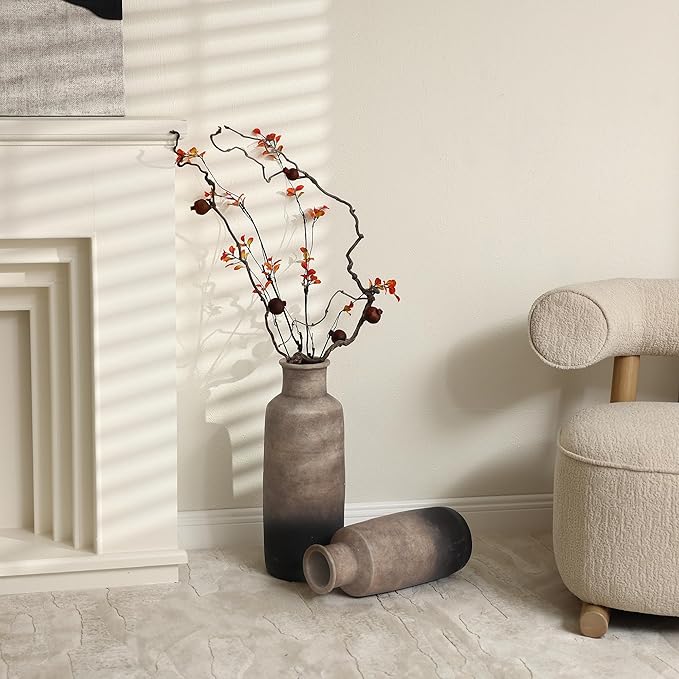 LuxenHome Ceramic Floor Vase,19 Inch Brown Ombre Terracotta Rustic Pottery Large Vases for Living Room Decor, Farmhouse Decorative Narrow Flower Vase Home Decor